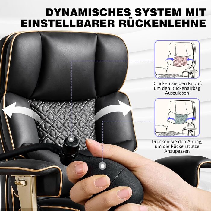 Ергономічне офісне поворотне крісло Hellove з пневматичною поперековою опорою, стілець зі штучної шкіри з підставкою для ніг, функцією нахилу та повороту, шумопоглинаючі колеса, чорний колір