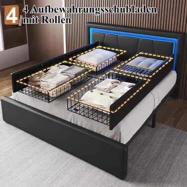 М&39яке ліжко 140 x 200 см з 4 шухлядами, світлодіодне освітлення, каркас ліжка 140 x 200 з регульованим узголів&39ям, зарядна станція, металева рейкова основа, легке складання, чорний колір 140 x 200 см