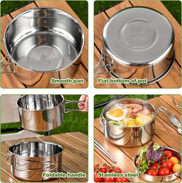Набір посуду для кемпінгу зі сталі 304 каструлі, сковорода та портативний столовий набір для пікніків, походів та подорожей