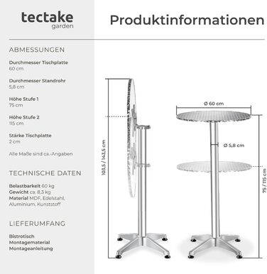 В-1 розкладний стіл Ø 60 см, бістро-стіл, розкладний балконний стіл, алюмінієвий барний стіл, стіл з регульованою висотою 75 см / 115 см, стіл для вечірок, круглий обідній стіл, садовий стіл, розкладний стіл - сріблястий 75/115 см / Ø вертикальної труби 5