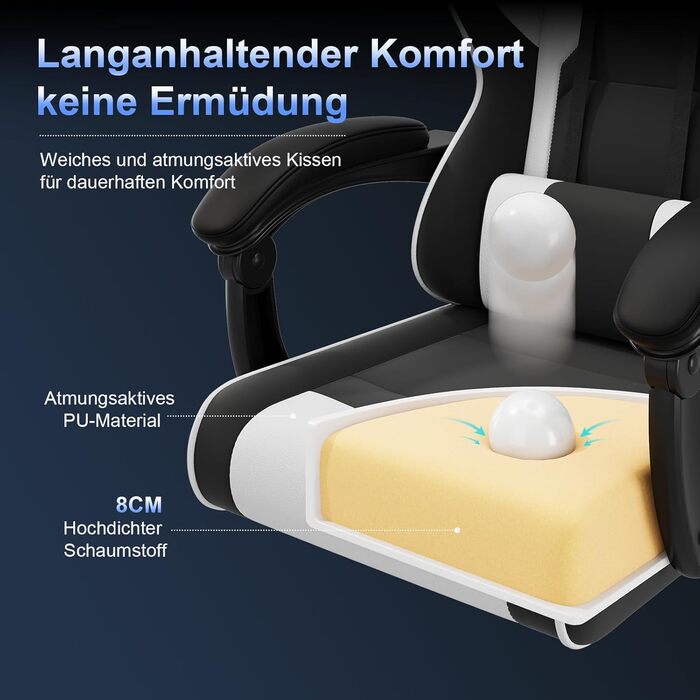 Ігрове крісло JUMMICO з функцією масажу, ергономічне офісне крісло 150 кг, ігрове крісло з надширокою подушкою сидіння 50 см, біле