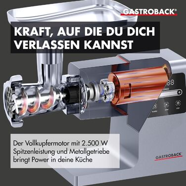 Електрична м'ясорубка GASTROBACK 6-в-1 з насадками для ковбас та печива, 2500 Вт, нержавіюча сталь, сенсорний екран, з пресом для бургерів