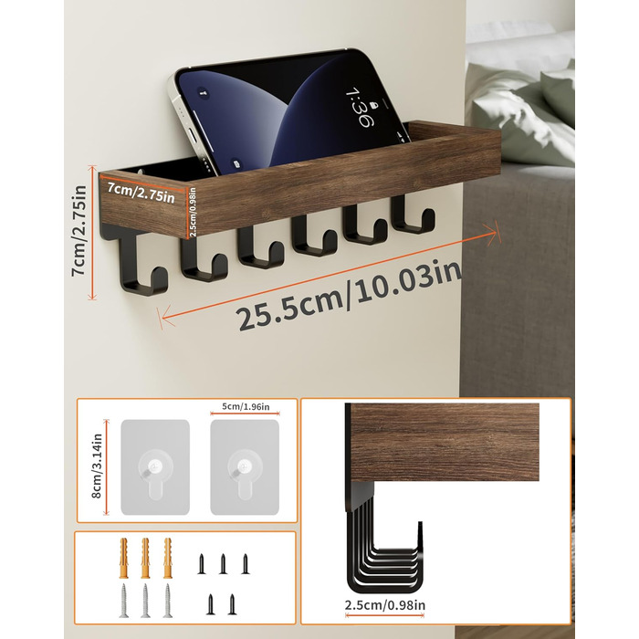 Ключниця з дерев'яним лотком і 6 гачками - багатофункціональна ключниця/дошка для ключів, ключниця з поличкою для передпокою, спал