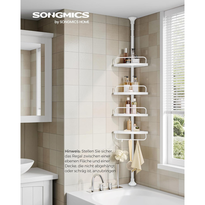 Полиця для душу, кутова полиця для ванної, з 4 полицями, полиця для ванної, загальна висота 85-305 см, регульована по висоті, поли