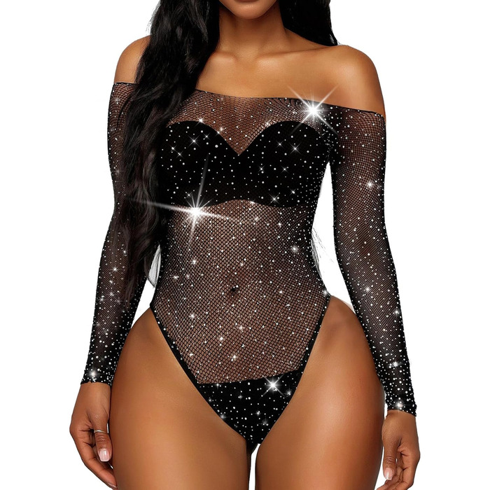 Жіночий боді RSLOVE в сітку з прикрасою зі страз, комбінезон, один розмір, чорний