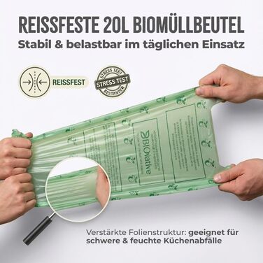 Літрові компостовані пакети для сміття з ручками 56 пакетів, компостовані, зроблені в Німеччині Міцні, кліматично нейтральні та веганські компостовані пакети для сміття, 20 л з ручкою для перенесення - 56 пакетів, 20-