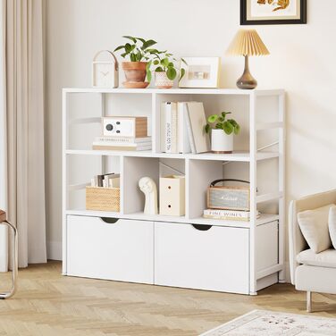 Книжкова полиця Dripex з 2 шухлядами, книжкова шафа з 7 відділеннями з дерева та металевого каркасу, окремостояча кубічна полиця для спальні, вітальні, кабінету, офісу, 33 x 100 x 90 см, біла