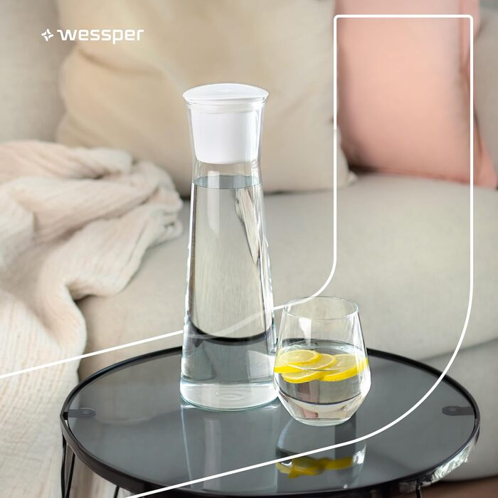 Скляний графин з фільтром для води Wessper, 1 літр, графин для води з мікродисковим фільтром для води, скляний графин з кришкою, для фільтрованої води та холодних напоїв, БЕЗ BPA - білий