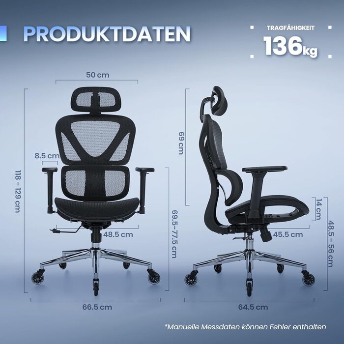 Ергономічне офісне крісло COLAMY Робоче крісло з подушкою сидіння у формі сідла для оптимального зняття тиску, дихаюче, 3D-підлокітники, підголівник, офіс/домашній офіс/кабінет, чорне Black-02