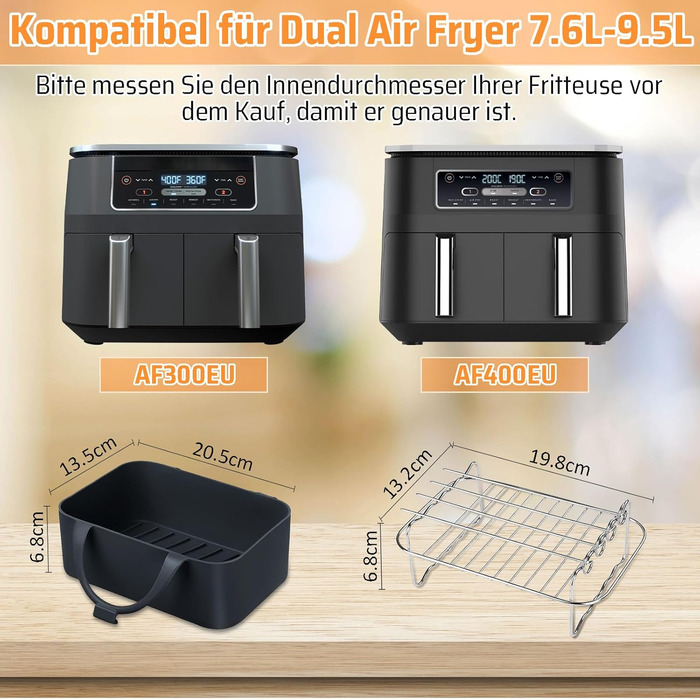 Набір аксесуарів для фритюрниці з 9 предметів для Ninja Foodi Dual AF300EU, AF400EU, Princess 182068, включаючи силіконову вставку для фритюрниці та решітки для фритюрниці тощо, аксесуари для фритюрниці з подвійними кошиками 7.6 л-9.5 л тип A