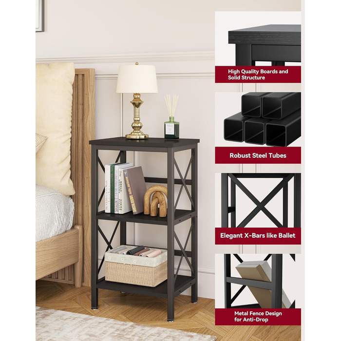 Книжкова полиця YMYNY, окремостояча полиця з 3 полицями, міцна X-подібна рама, регульовані ніжки, легке складання, 402975 см, для вітальні, спальні, кухні, кабінету, ванної кімнати, чорна HST008B