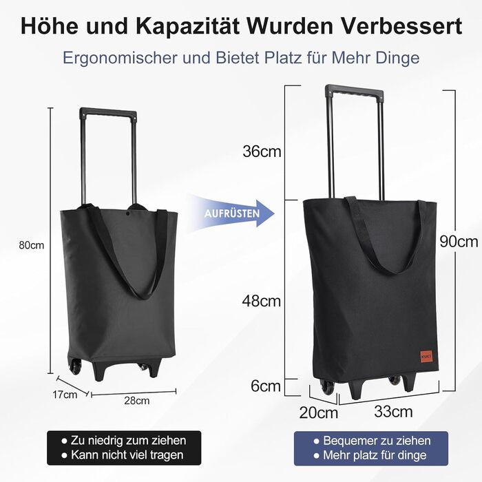 В-1 Візок для покупок, 30л Велика сумка на колесах, Легкий складаний візок для магазинів, кемпінгу та подорожей, з ключем для монет, Чорний, 2-