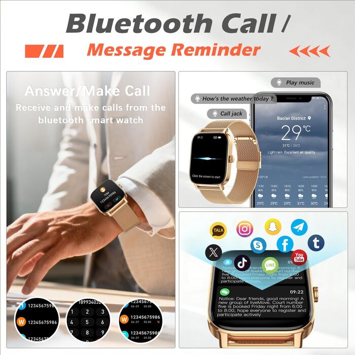 Жіночий смарт-годинник для фітнесу з функцією телефону Bluetooth-годинник з дзвінками, фітнес-трекер для чоловіків, водонепроникний смарт-годинник з пульсом, монітором сну, крокоміром, спортивний годинник для Android iOS, золотий