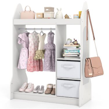 Дитяча шафа COSTWAY з дзеркалом, вішалка для дитячого одягу з рейкою для одягу, 2 шухляди для тканини та гачки, дерев&39яна дитяча шафа з полицями, для дитячої кімнати, 81 x 38 x 107 см (білий) 81 x 38 x 107 см білий