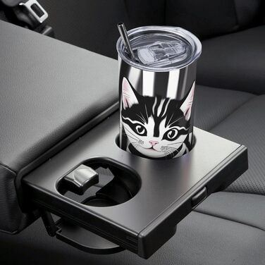 Кухоль з прямою трубочкою, 590 мл, чорно-білий смугастий принт кошенят, дорожній кухоль, підходить для кемпінгу, офісу та дому