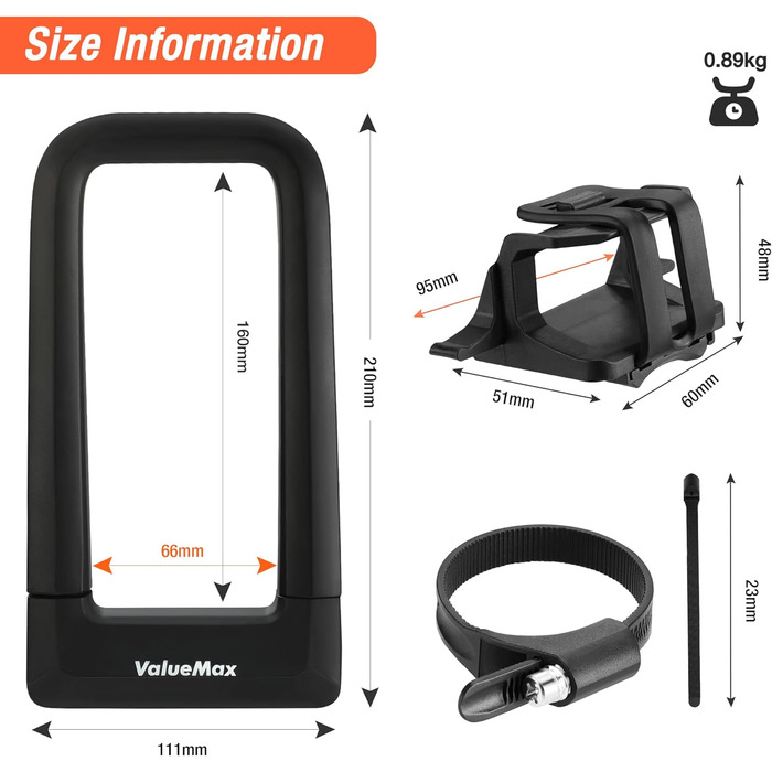 Велосипедний замок ValueMax U-Lock, міцний U-подібний замок із дужкою товщиною 14 мм, замок високої безпеки з кронштейном, 2 ключі, для велосипедів, електровелосипедів, мотоциклів та скляних дверей, чорний
