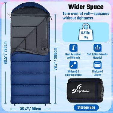 Спальний мішок 0 градусів XXL 230 x 90 см зимовий спальний мішок зі знімним капюшоном та м&39якою кришталевою оксамитовою підкладкою для дорослих