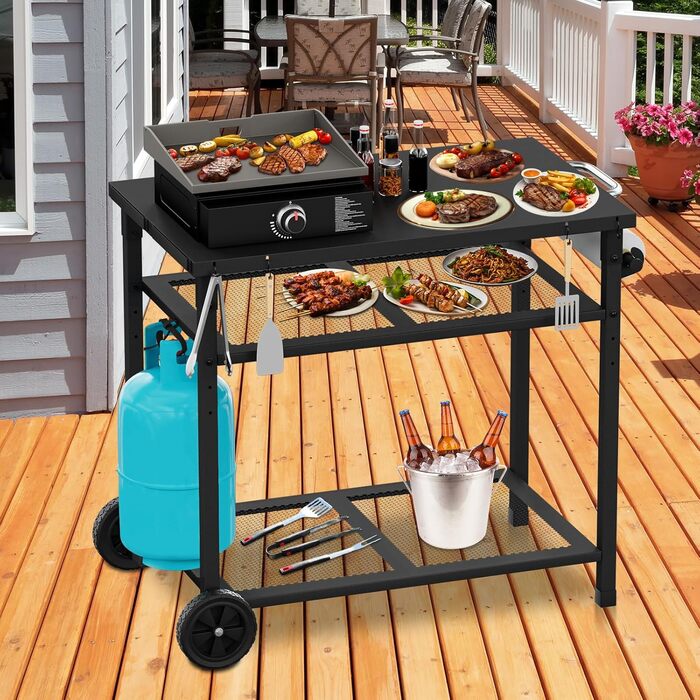 Візок для гриля на відкритому повітрі/стіл для гриля - Мобільний стіл-підставка для піци з колесами, стіл-візок для їжі на відкритому повітрі з двома сітчастими стійками для домашніх вечірок, кемпінгу та використання на свіжому повітрі