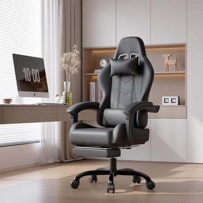 Ігрове крісло JUMMICO з масажем, ергономічне офісне крісло з масажною поперековою подушкою, ігрове крісло з регульованою спинкою 90-135 та підставкою для ніг, ігрове крісло з вантажопідйомністю 150 кг, чорне, маленьке