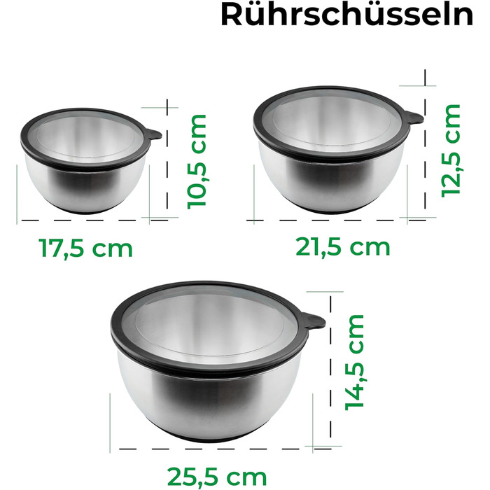 Набір мисок з нержавіючої сталі з 3 шт. з кришкою (1,5 л, 3 л, 5 л) Штабельовані та нековзні Набір мисок з кришкою Миски з нержавіючої сталі Миска для змішування, салатниця, миска для випічки