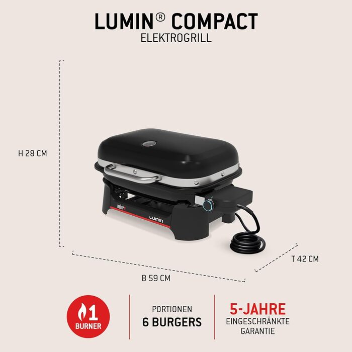 Компактний портативний електрогриль Weber Lumin Compact, до 315 C, з термометром на кришці, чавунними решітками з порцеляновим емалюванням, площа гриля 43 x 32 см, чорний (1502044), без підставки