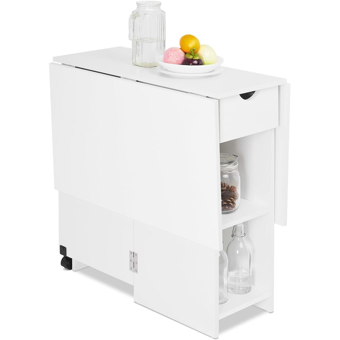 Розкладний обідній стіл Mondeer, кухонний стіл з шухлядою та полицями для 2-4 осіб, розкладний обідній стіл на колесах для невеликих приміщень, їдальня, кухня, 72 x 120 x 75 см, білий