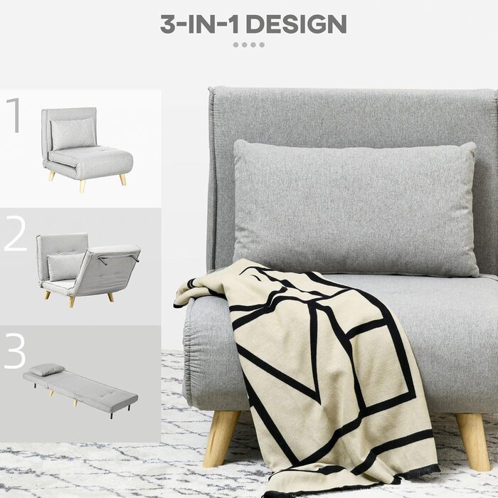 Крісло-ліжко HOMCOM 3-в-1, розкладний диван-ліжко з регульованою спинкою, подушка, гостьове ліжко з лляним виглядом, крісло-відкидний крісло, розкладне крісло для вітальні, спальні, 72 x 78 x 79 см, світло-сірий, імітація льону