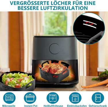 Силіконова форма 21 см для фритюрниці, 2 шт. аксесуари для фритюрниці XL Силіконова форма для випічки Philip XL 6.2 л, COSORI 5.5 л/4.7 л, Cecotec 6 л, багаторазова замість паперу для випічки аксесуари для фритюрниці чорний