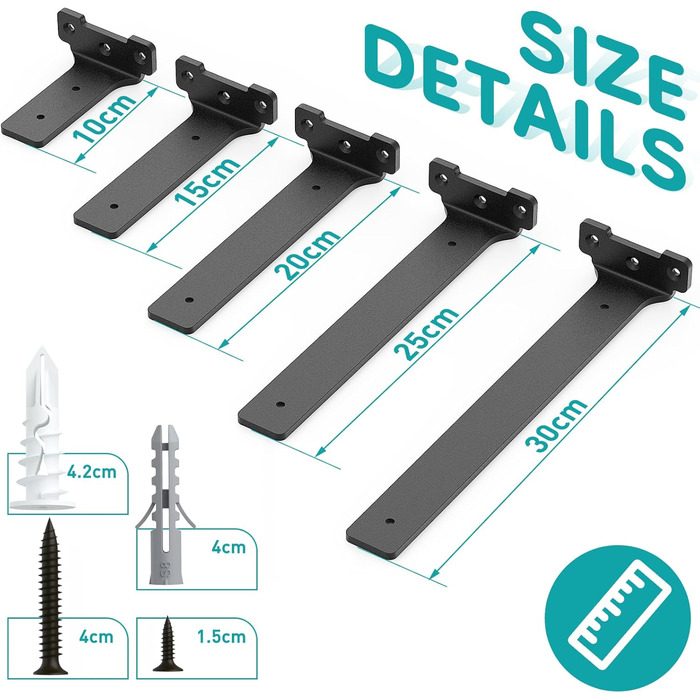 Кронштейни для полиць, 25 см, металеві опори для полиць з гвинтами, вантажопідйомність 70 кг, чорні, 25 см - 4 шт. у упаковці чорного кольору, 4