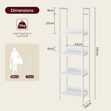 Книжкова полиця, окремостояча книжкова полиця, з 5 полицями, 24 x 33 x 131 см, відкриті полиці для вітальні, спальні, офісу, з металевим каркасом, біла ABKBW5501N1 Білий 33 x 24 x 131 см (Д x Ш x В)