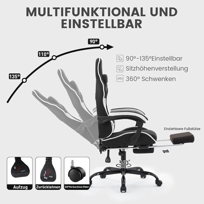 Ігрове крісло, гоночне ігрове крісло з підставкою для ніг, ергономічне ігрове крісло з підголівником, регульоване комп&39ютерне крісло, регульована висота, поперекова підтримка для домашнього офісу та ігор, чорний/білий Nk-bw
