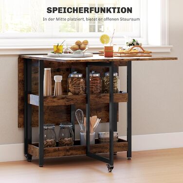 Розкладний обідній стіл, Кухонний стіл для 2-4 осіб з 2 відкритими полицями, Розкладний обідній стіл на колесах для невеликих приміщень, Їдальня, Кухня, 133,4 x 80 x 75 см, Колір рустик-коричневий
