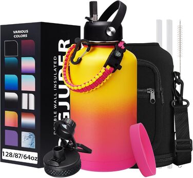 Пляшка для води з нержавіючої сталі об'ємом 1,8 л - з паракордовою ручкою, соломинкою та кришкою з автоматичним відкриванням, напл