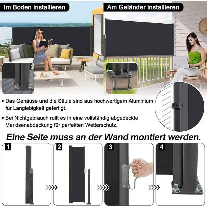 Розсувна бічна маркіза, екран для забезпечення конфіденційності, сонцезахисний козирок, вітрозахисна, водостійка поліестерова бічна рулонна штора з алюмінієвого настінного кронштейна для патіо, балкона, забезпечення конфіденційності (100x300 см, антрацит)