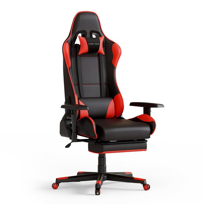 Ергономічне офісне крісло Game Hero - Ігрове крісло з подушкою для стегон та підголівником - Геймерське крісло з підставкою для ніг - Шкіряне крісло для роботи, Ігрове крісло до 125 кг - Winner X1 (червоне)