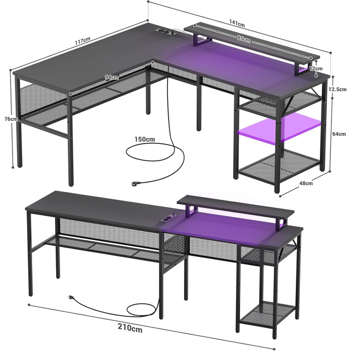 Г-подібний ігровий стіл, 14117x76 см, комп&39ютерний стіл з відділенням для зберігання речей, офісний стіл з двостороннім кутовим столом для навчання, ігровий, домашній офіс, чорний
