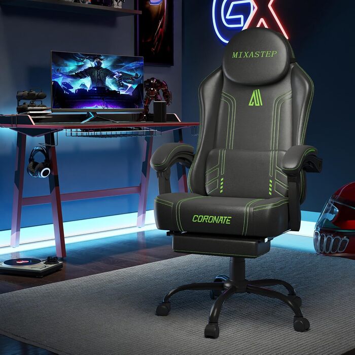 Ергономічне ігрове крісло з регульованою спинкою та функцією повороту на 360 - Офісне крісло для дорослих/молоді 150 кг, тканинне крісло з ПК зеленого кольору для домашнього офісу/ігор