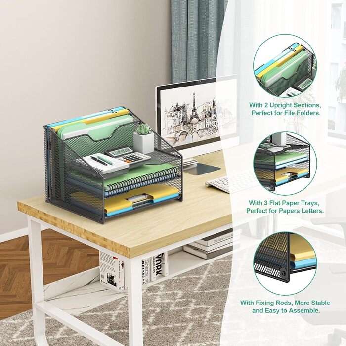 Настільний органайзер OUTWOLF з тримачем для файлів, 3-рівневий органайзер для паперів 2 вертикальні відділення, сітчастий металевий настільний органайзер для файлів A4, паперу, книг, офісного приладдя, чорний