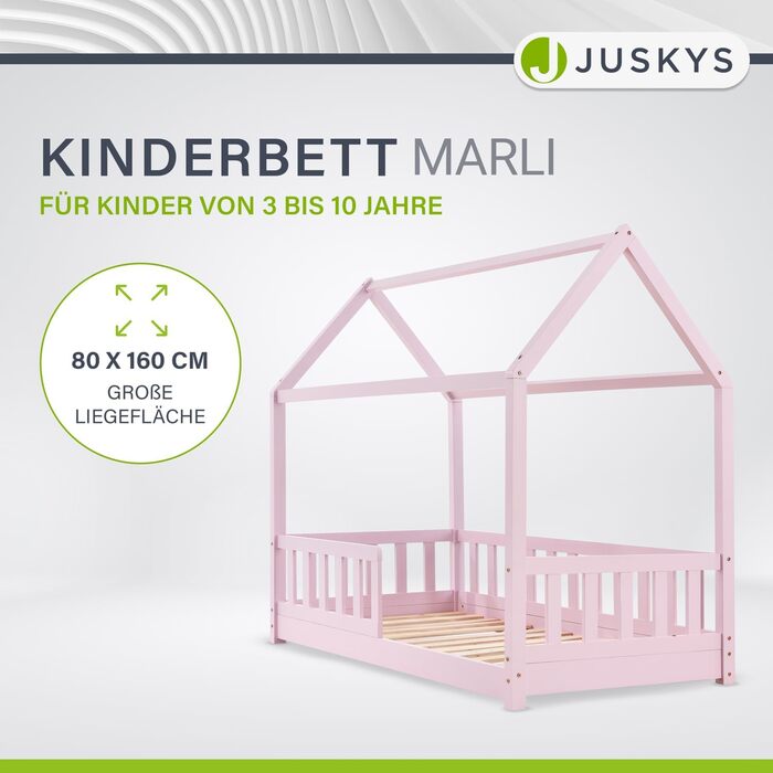 Дитяче ліжко Juskys Marli 80 x 160 см із захистом від падіння, рейковою основою та дахом - Ліжко-будиночок з масиву дерева для дітей - Ліжко кольору троянди