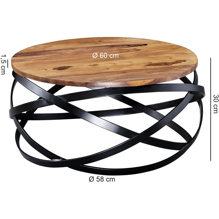 Круглий журнальний столик FineBuy MANUR з масиву шишаму Ø 60 см стіл для вітальні в промисловому дизайні з чорним металевим каркасом дерев&39яний стіл ручної роботи, натурально-коричневий