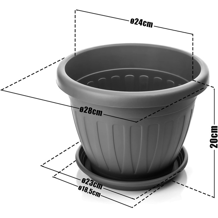 Квітковий горщик BigDean 6 шт. з блюдцем, круглий ø28xH20 см, антрацит - всепогодний горщик - водовідвідний, стійкий до ультрафіолету, виготовлений з ударостійкого пластику - підходить для використання в приміщенні та на вулиці - зроблено в Європі, антрац