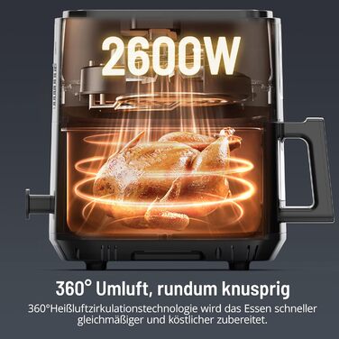 Фритюрниця PARIS RHNE 9.5 л, фритюрниця XXL двокамерна з оглядовим вікном, фритюрниця 12-в-1, смаження гарячим повітрям без олії, безпечна посудомийна машина, аерофритюрниця енергозберігаюча 9.5 л чорна