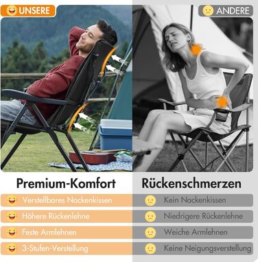 Крісло для кемпінгу Portal, складне, спинка регулюється в 3 положеннях, розкладне крісло, вантажопідйомність 160 кг, висока спинка, крісло для кемпінгу/рибальства, садове крісло, крісло для відпочинку, алюмінієве, для саду, балкону, пікніка, чорне
