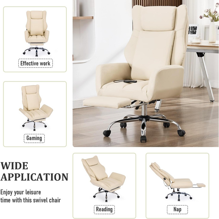 Ергономічне офісне крісло ALEAVIC зі складними підлокітниками, крісло керівника з масажем та висувною підставкою для ніг, для домашнього офісу, ігрове (бежеве)
