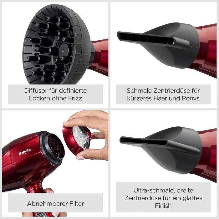 Професійний цифровий фен BaByliss Pro з дифузором 2200 Вт, ультрашвидка сушка, іонна технологія, Made in Italy, 3 температурні режими, 4 налаштування потоку повітря та кнопка Turbo, червоний, 6001DE NEW