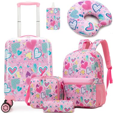 Дитячий набір валіз HTgroce 5 предметів рюкзак-ранце для дівчинки, валіза на колесах, дитяча ручна поклажа, дорожній набір, твердий корпус, рожевий з сердечками