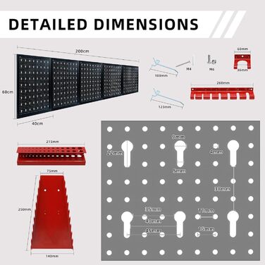 Настінна перфорована стіна CCLIFE Tool Incl.66 шт. Металева інструментальна перфорована стіна чотири штуки 200 x 60 x 2 см Розширювані аксесуари Настінна полиця для зберігання інструментів Чорний 5 шт.
