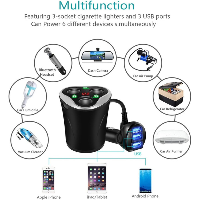 Розподільник автомобільного прикурювача 3 відділення автомобільний зарядний пристрій адаптер з 3 USB портами 12/24V 120W DC Потужн