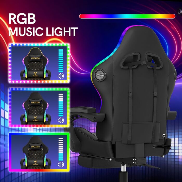 Ігрове крісло з RGB LED та Bluetooth-динаміком, ергономічне ігрове крісло з підставкою для ніг, підголівником, поперековою опорою, кутом нахилу 90135, ПК-крісло для підлітків та дорослих (чорне) Чорний колір зі світлодіодним підсвічуванням та Bluetooth
