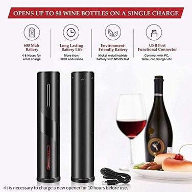 Електричний штопор, подарункова коробка 5-в-1 електрична відкривачка для винних пляшок з різаком для фольги, вакуумною пробкою та наливом вина, акумуляторна батарея USB темна